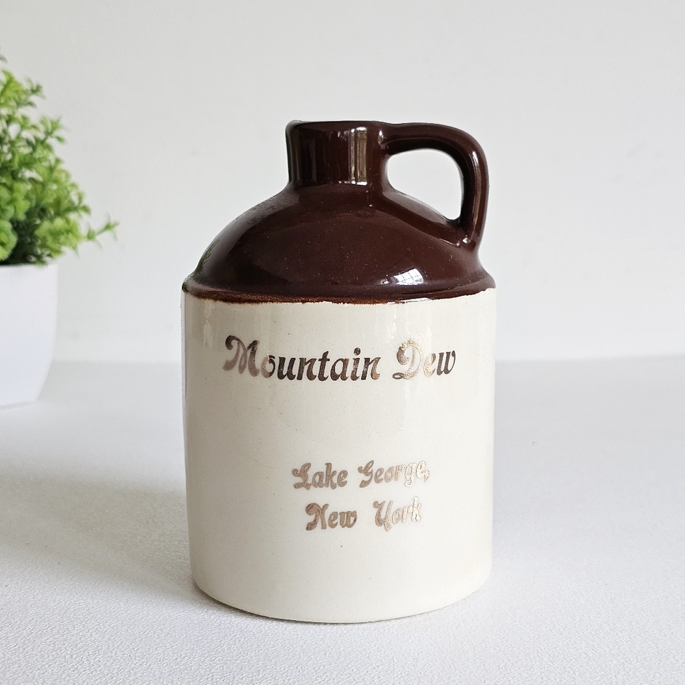 Vintage Mountain Dew Brown Cream Ceramic Jug, No Cork – Lake George, New York